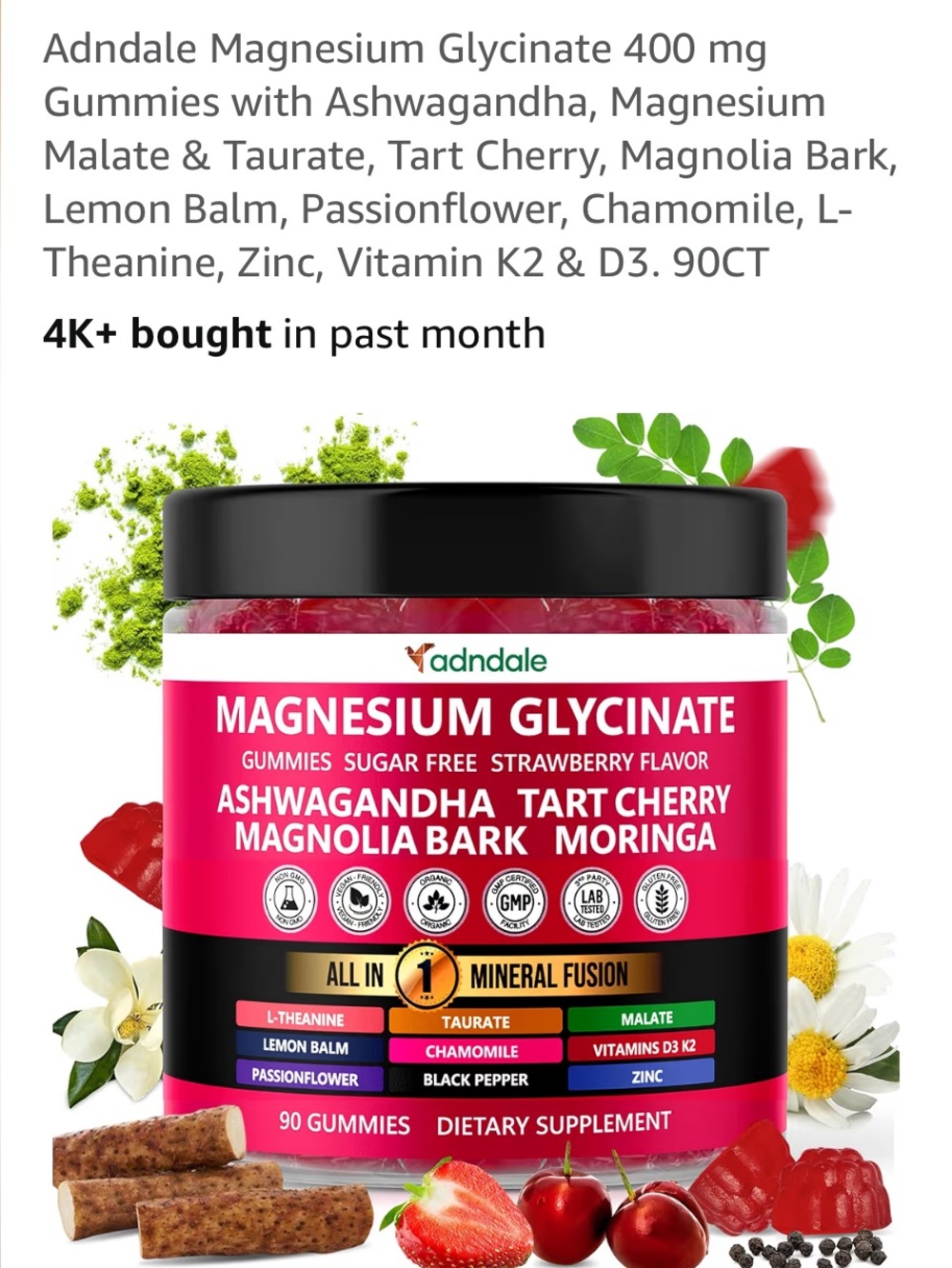 Magnesium Glycinate Gummies with Ashwagandha - Strawberry - 90ct